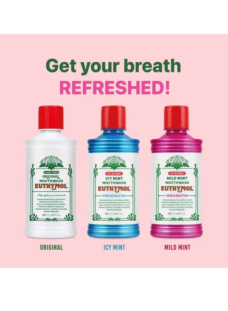 Euthymol Mouthwash ICY Mint 500ml, Contains Flouride, Alcohol-Free, Distinctive Strong Taste Flavour, Reduce Plaque Gingival Clean Healty Teeth Gums, Freshens Breath Refreshing Daily Oral Dental Care - Image 4