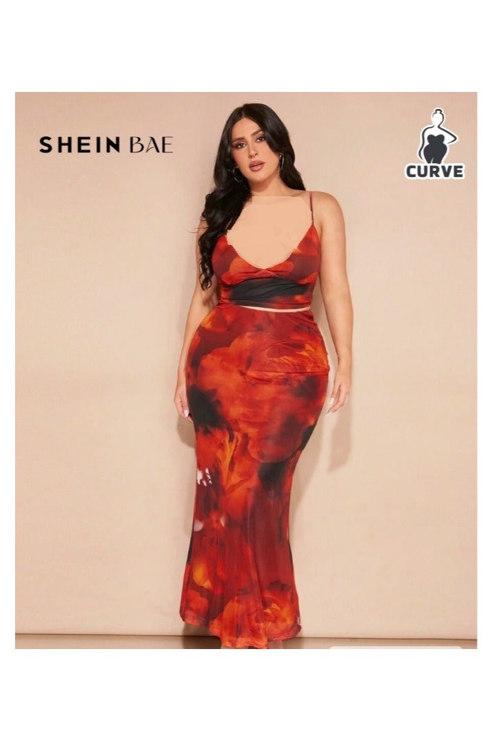 Shein SHEIN BAE Plus Size Women's Summer Vacation Printed Camisole Long Skirt Two-Piece Set - Image 1