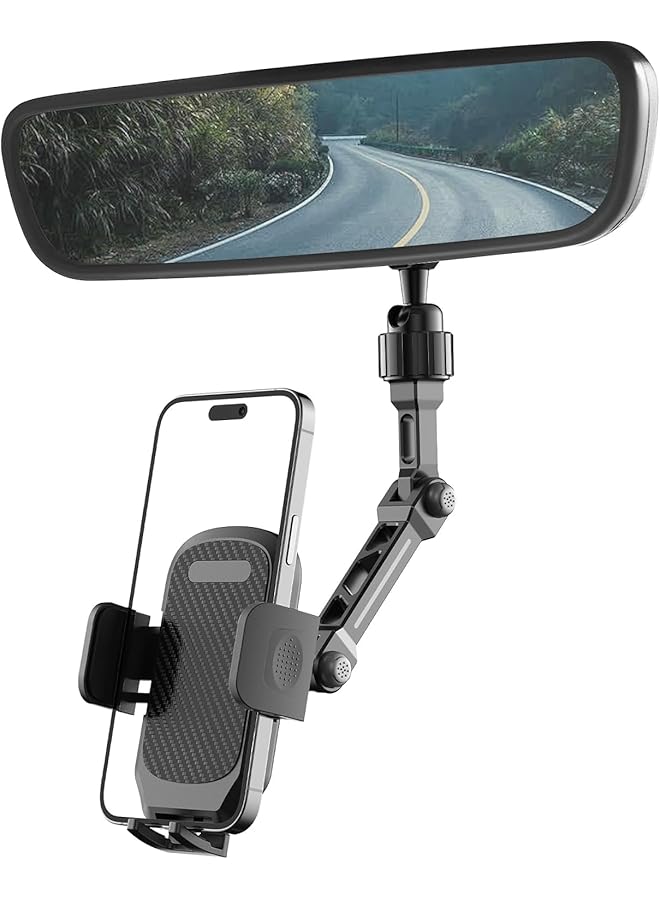 S-TOP Rear View Mirror Phone Holder, 360° Rotation, Aluminum Mount for All Cell Phones, Adjustable Visor Clip Car Phone Mount, Multi-Angle Adjustment and Secure Fit - Image 1