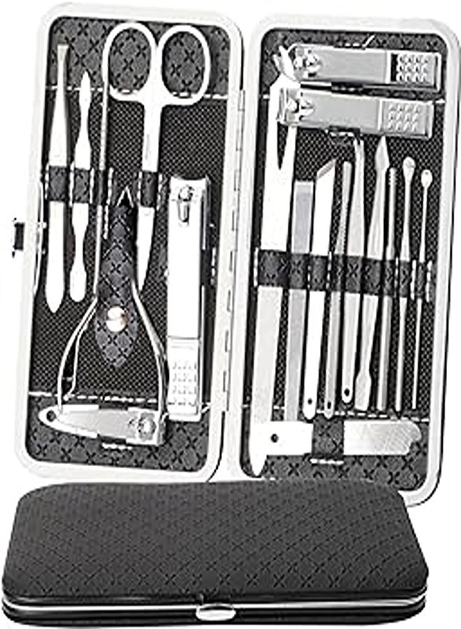 Lyneun Manicure Sets 19Pcs, Professional Stainless Steel Nail Clippers Pedicure & Eyebrow Kit Grooming Tools with Luxury Grooming Travel & Home Leather Case