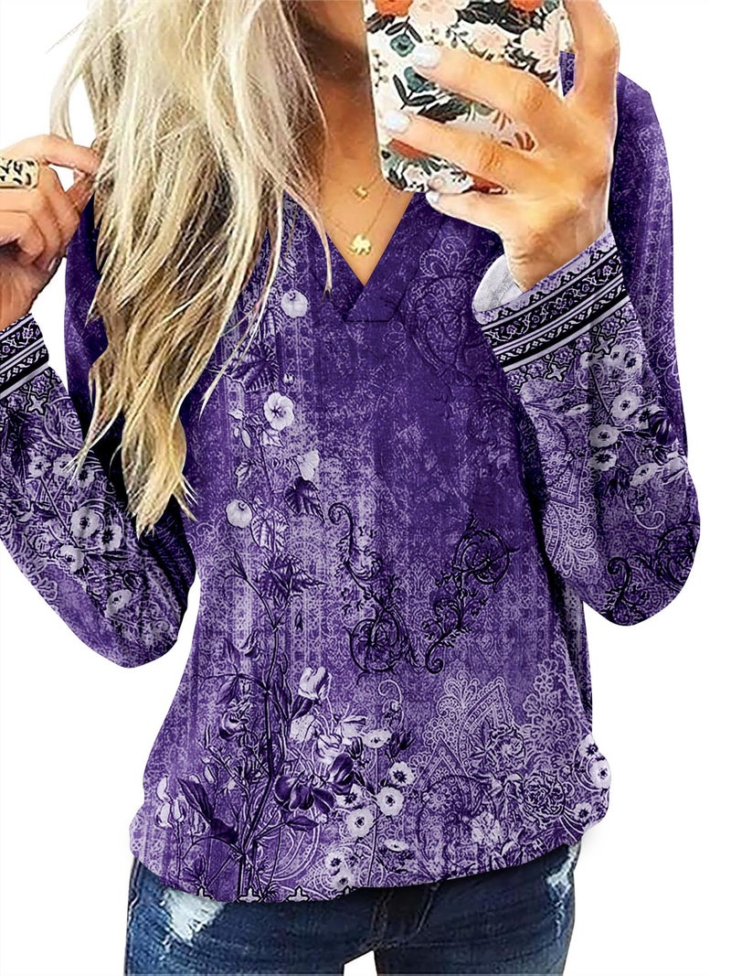 CRAZY GRID Women V Neck Fall Tunic Top Fashion Casual Work Long Sleeve Blouse Winter Loose Light Autumn Top Comfort Soft Baggy Fall Clothing Plus Size XL Boho Purple Floral - Image 3