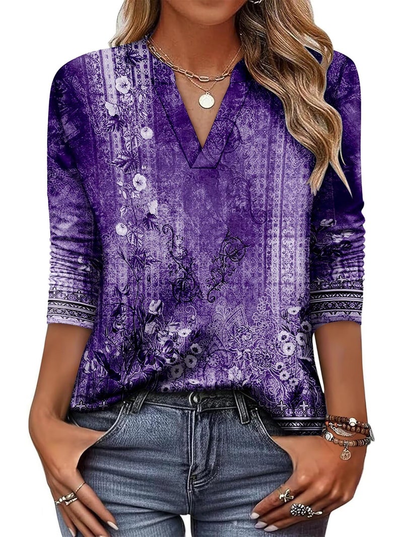 CRAZY GRID Women V Neck Fall Tunic Top Fashion Casual Work Long Sleeve Blouse Winter Loose Light Autumn Top Comfort Soft Baggy Fall Clothing Plus Size XL Boho Purple Floral - Image 1