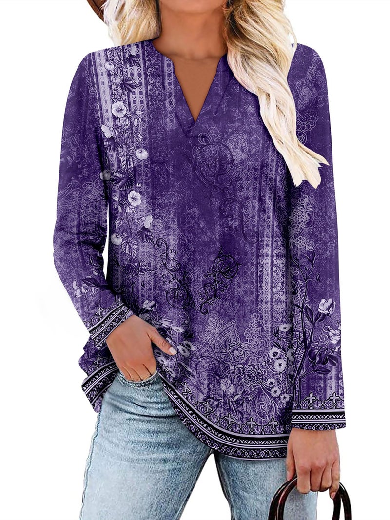 CRAZY GRID Women V Neck Fall Tunic Top Fashion Casual Work Long Sleeve Blouse Winter Loose Light Autumn Top Comfort Soft Baggy Fall Clothing Plus Size XL Boho Purple Floral - Image 2