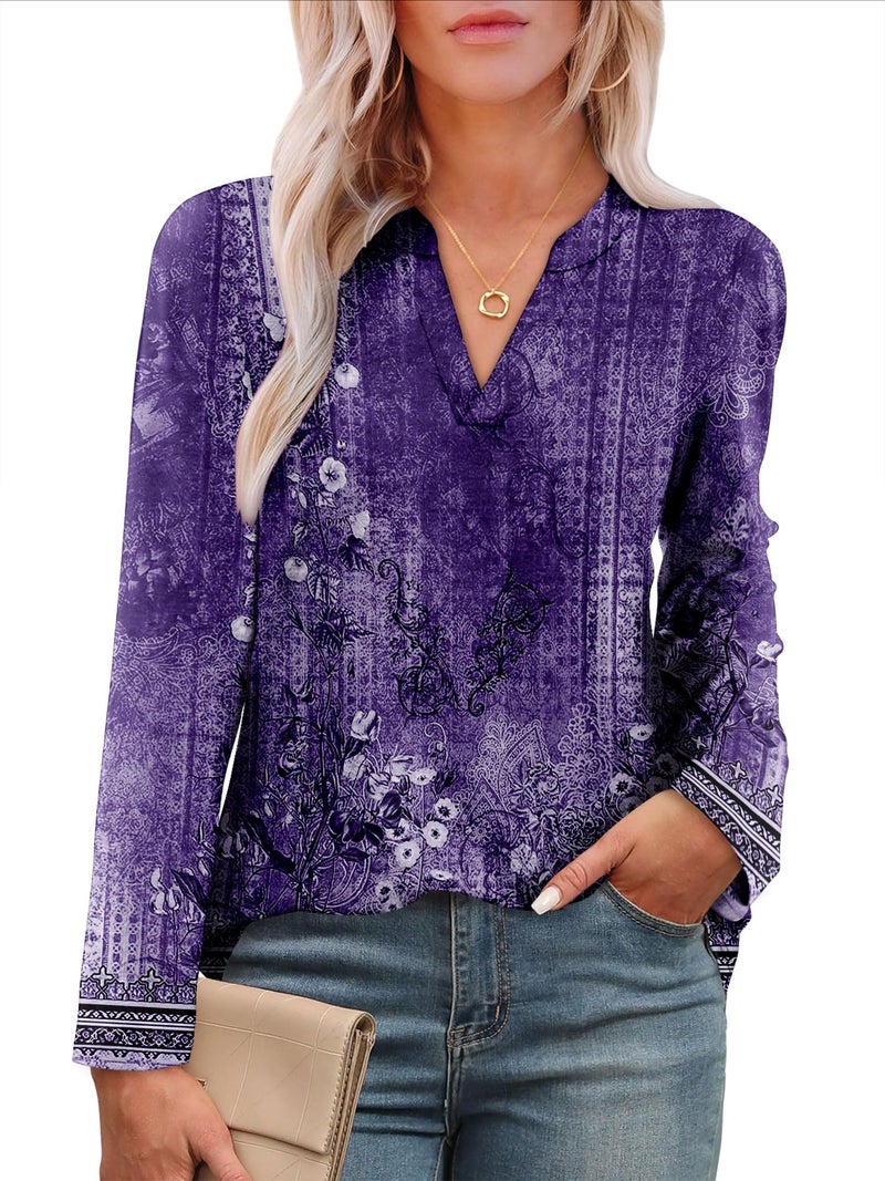 CRAZY GRID Women V Neck Fall Tunic Top Fashion Casual Work Long Sleeve Blouse Winter Loose Light Autumn Top Comfort Soft Baggy Fall Clothing Plus Size XL Boho Purple Floral - Image 4