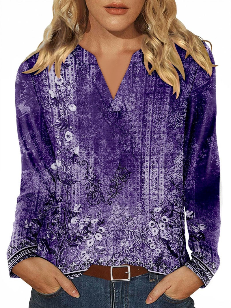 CRAZY GRID Women V Neck Fall Tunic Top Fashion Casual Work Long Sleeve Blouse Winter Loose Light Autumn Top Comfort Soft Baggy Fall Clothing Plus Size XL Boho Purple Floral - Image 5