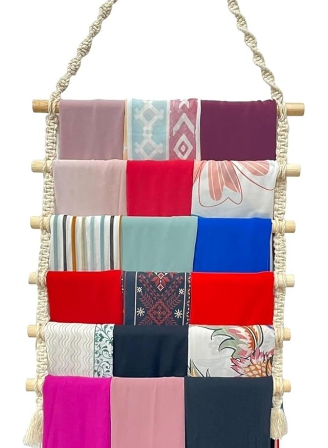 منظم سكارف مكرمية، عرض تخزين معلق مع مسامير خشبية، حامل قماش متعدد الالوان، حامل حائط ديكوري، ديكور منزلي بوهو - Image 1