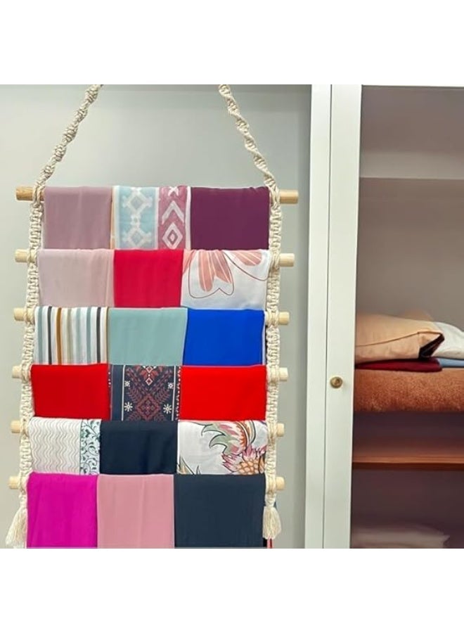 منظم سكارف مكرمية، عرض تخزين معلق مع مسامير خشبية، حامل قماش متعدد الالوان، حامل حائط ديكوري، ديكور منزلي بوهو - Image 3
