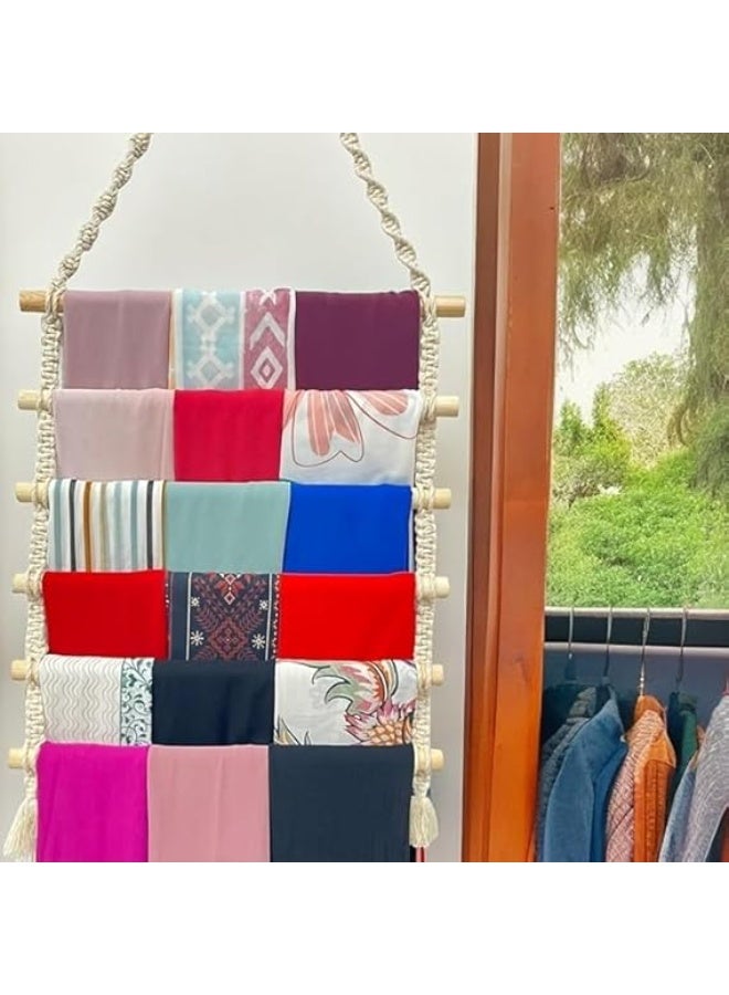 منظم سكارف مكرمية، عرض تخزين معلق مع مسامير خشبية، حامل قماش متعدد الالوان، حامل حائط ديكوري، ديكور منزلي بوهو - Image 2