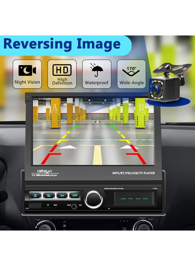 Podofo Single Din Touchscreen Car Stereo 7 Inch Motorized Flip Out Screen Car Radio in Dash Head Unit Support Bluetooth FM AUX USB SD Mirror Link with Backup Camera - Image 3