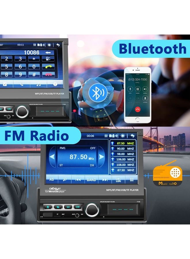 Podofo Single Din Touchscreen Car Stereo 7 Inch Motorized Flip Out Screen Car Radio in Dash Head Unit Support Bluetooth FM AUX USB SD Mirror Link with Backup Camera - Image 2