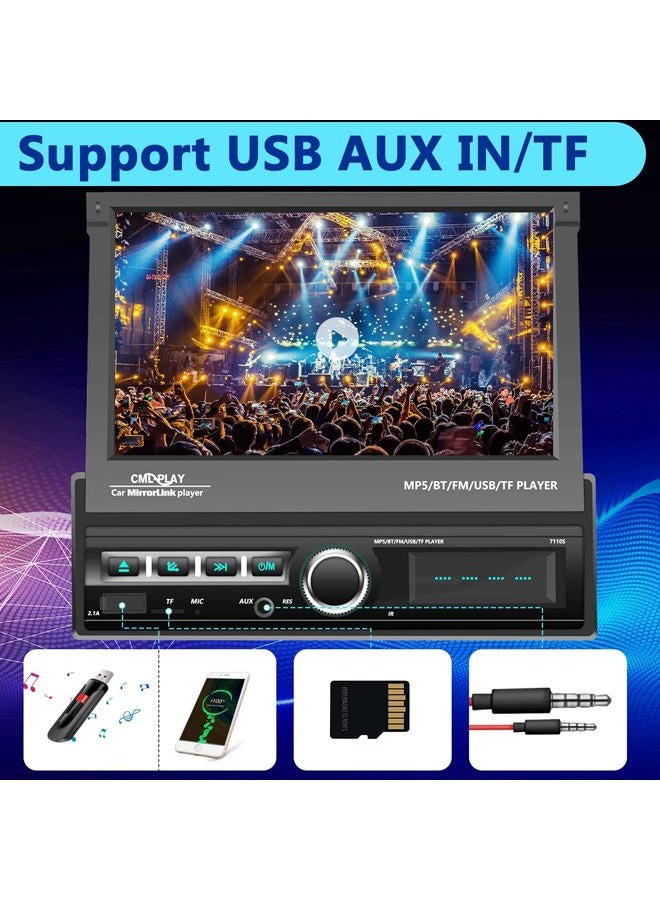 Podofo Single Din Touchscreen Car Stereo 7 Inch Motorized Flip Out Screen Car Radio in Dash Head Unit Support Bluetooth FM AUX USB SD Mirror Link with Backup Camera - Image 4