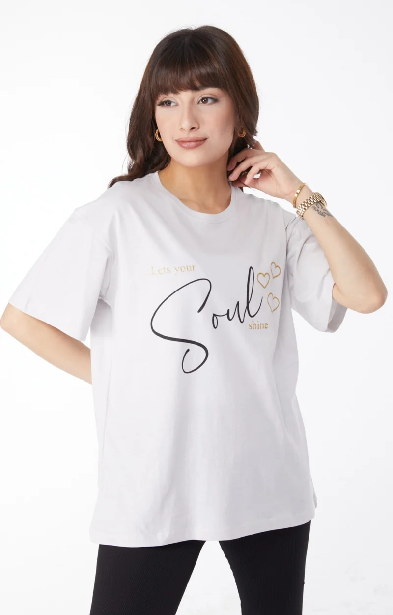 Tofisa Plain Crew Neck Women's Gray Printed T-Shirt - 25167