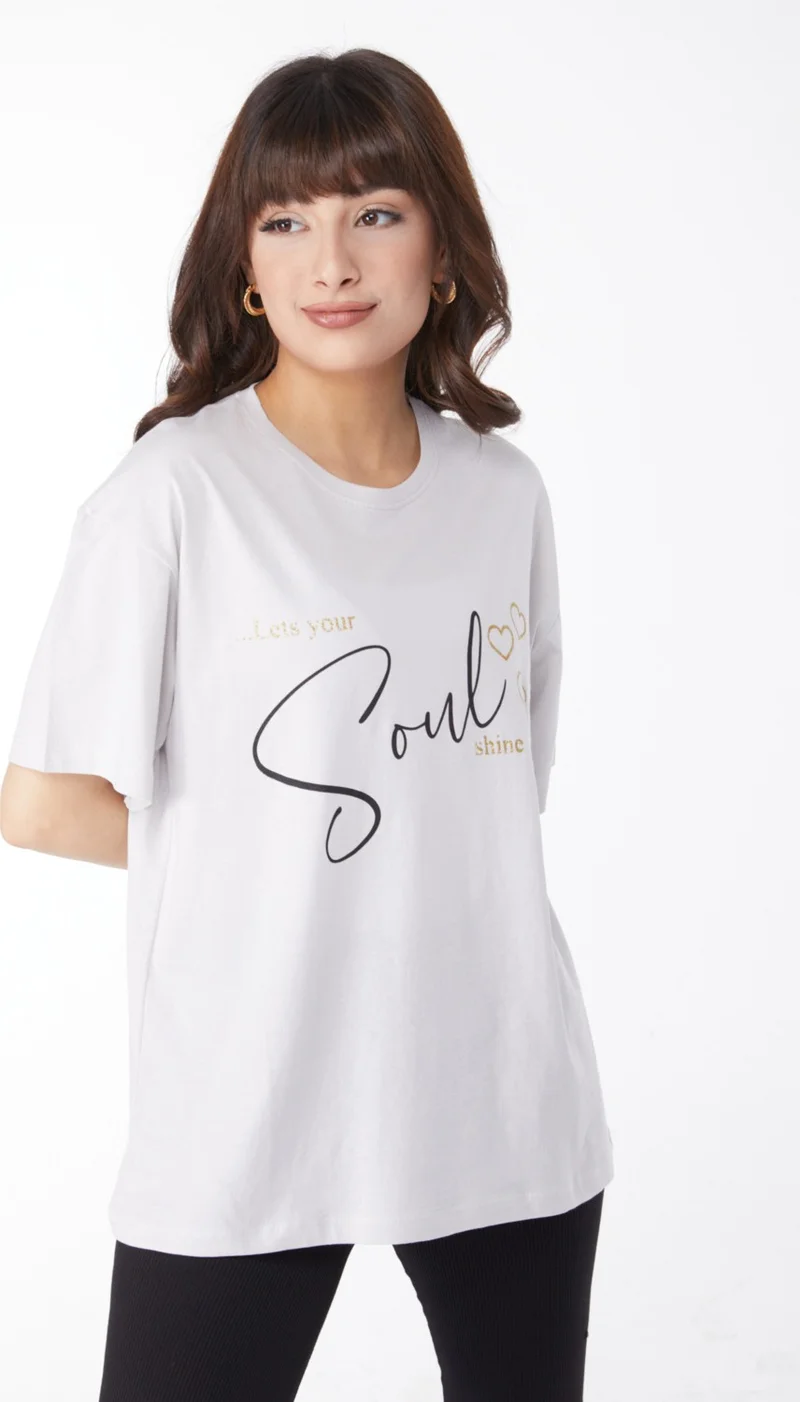 Tofisa Plain Crew Neck Women's Gray Printed T-Shirt - 25167