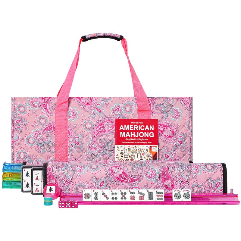 GUSTARIA American Mahjong Game Set, 166 White Tiles, 4 All-in-One Color Rack/Pushers, Complete Mahjong Set with Pink Printed Carrying Bag - Image 1