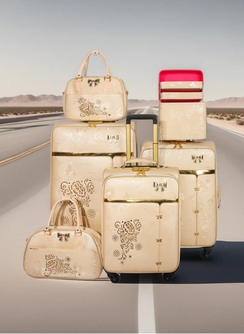 Prosperity matching color trolley luggage spinner 4 wheels 6 PCS pu leather valise suitcase set with tote bag for wedding usage 6 pieces per set - Image 2