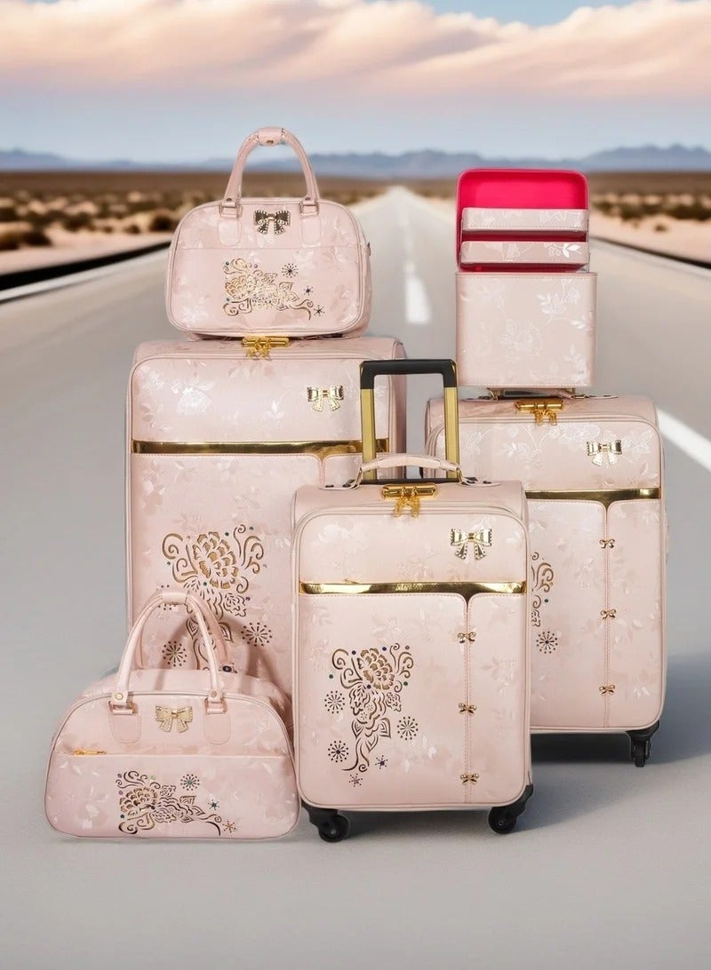 Prosperity matching color trolley luggage spinner 4 wheels 6 PCS pu leather valise suitcase set with tote bag for wedding usage 6 pieces per set - Image 1