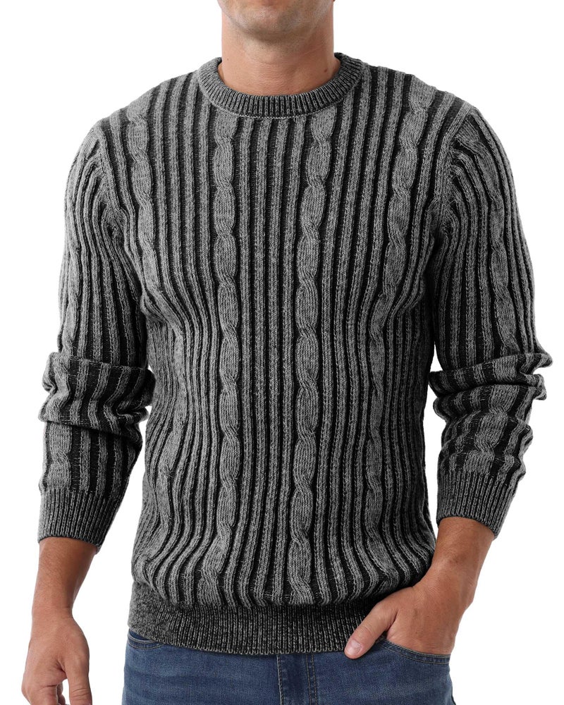 Askdeer Men's Pullover Sweater Cable Knit Casual Crewneck Sweaters Classic Soft Knitted Pullover Tops with Ribbing Edge White Black - Image 1