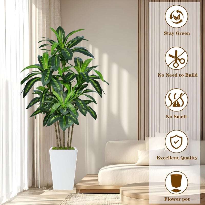 Flydeer 6FT Artificial Dracaena Tree, Fake Tree Indoor with White Tall Planter,Tall Artificial Plants Indoor,Artificial Silk Tree for Home Office Decor,Housewarming Gift (White) - Image 2