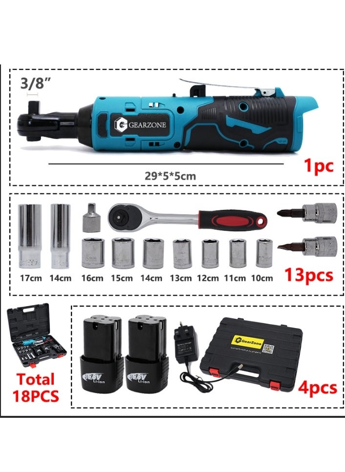 GearZone - GearZone 16.8 Cordless Ratchet Wrench Kit（18pcs）, Power Ratchet with Variable Speed and LED Light, including two Lithium Batteries - Image 1
