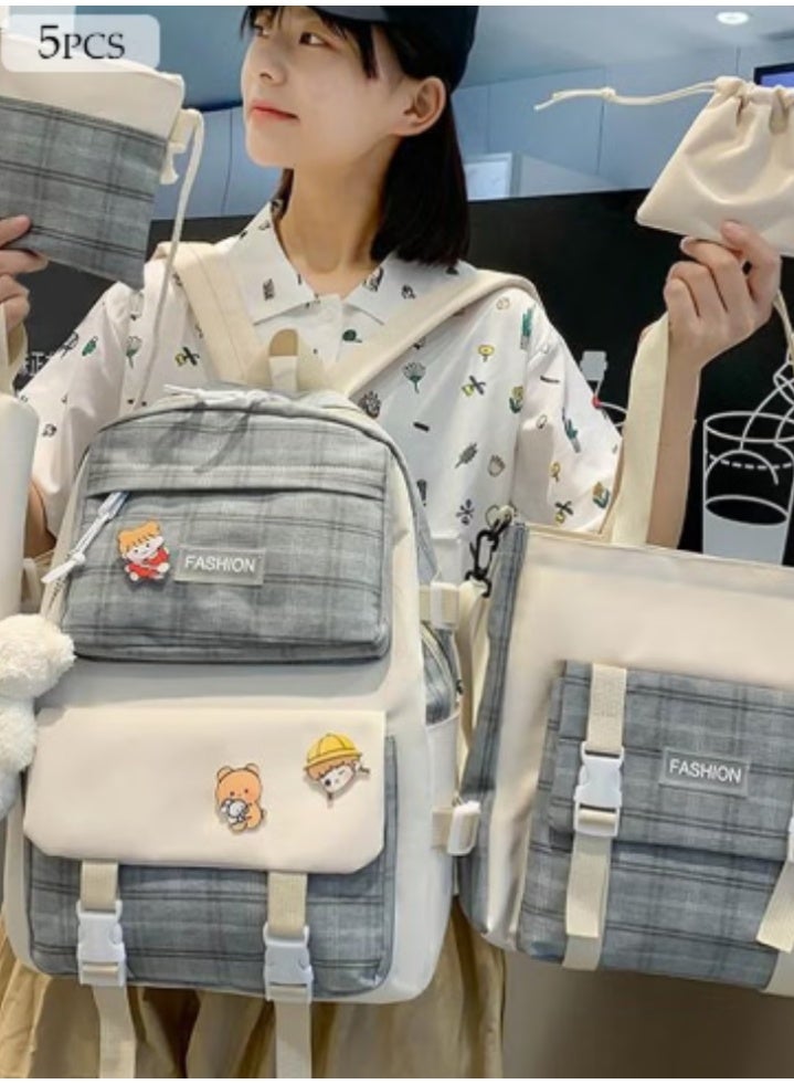 DUNISO Cute Plaid Schoolbag 5 - Piece Set | Lovely Patches, Practical and Eye - Catching - Image 1
