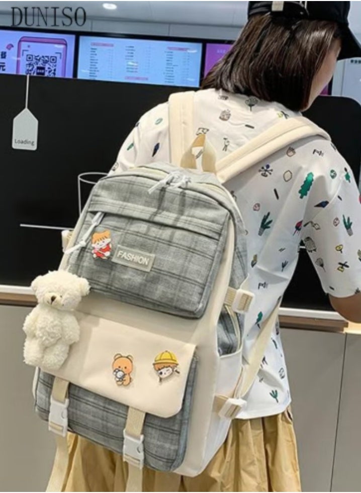 DUNISO Cute Plaid Schoolbag 5 - Piece Set | Lovely Patches, Practical and Eye - Catching - Image 4