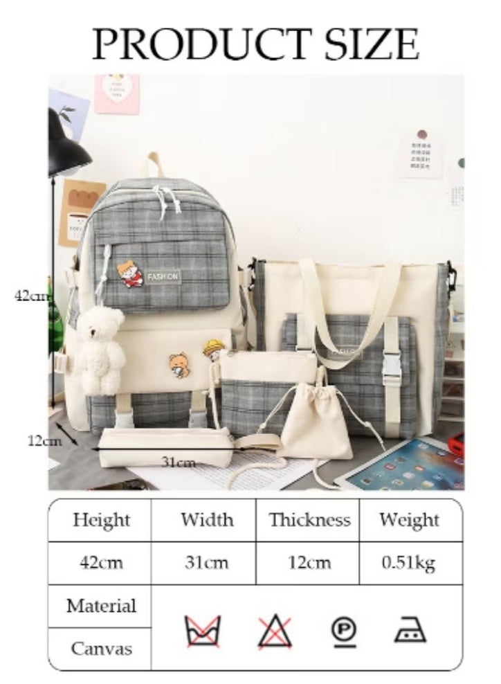 DUNISO Cute Plaid Schoolbag 5 - Piece Set | Lovely Patches, Practical and Eye - Catching - Image 2