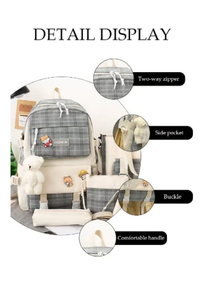 DUNISO Cute Plaid Schoolbag 5 - Piece Set | Lovely Patches, Practical and Eye - Catching - Image 5