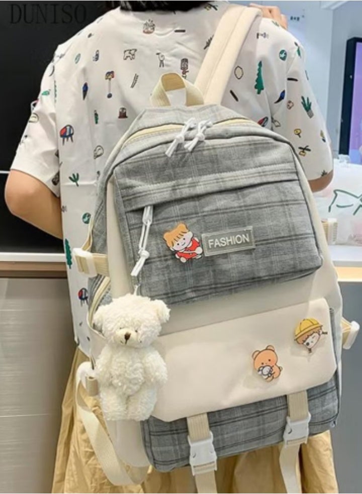 DUNISO Cute Plaid Schoolbag 5 - Piece Set | Lovely Patches, Practical and Eye - Catching - Image 3