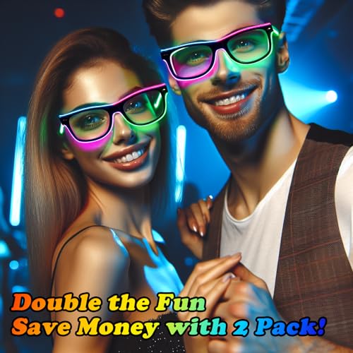 YouRfocus Led Light up Glasses 2 Pack MultiColor Glow in the Dark Neon Rave Glasses for Rave Party EDM Halloween Christmas Wired with Battery Power 6 colors - Image 5