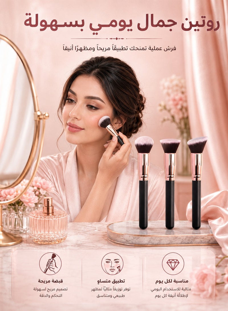 المديرية العامة للشئون الصحية والطبية مجموعة فرش مكياج DGSENPI باللون الذهبي الوردي، مكونة من 3 قطع، فرش كابوكي ناعمة فاخرة لكريم الأساس وأحمر الخدود والبودرة، مقابض سوداء فاخرة مع أطراف ذهبية وردية - Image 4