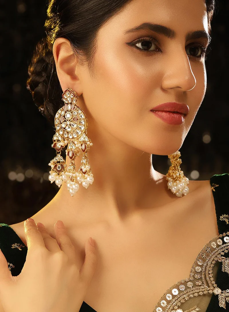 ISHIN Maroon Kundan Pattern Floral Elegance Warm Metallic Pattern Drop Earrings