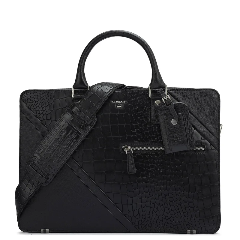 دا ميلانو Croco Franzy Leather Laptop Bag - Black