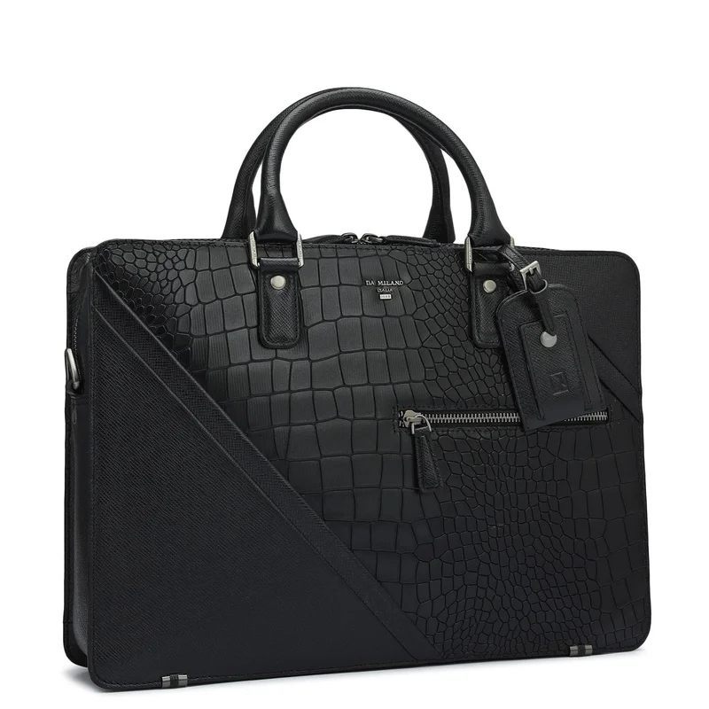 دا ميلانو Croco Franzy Leather Laptop Bag - Black