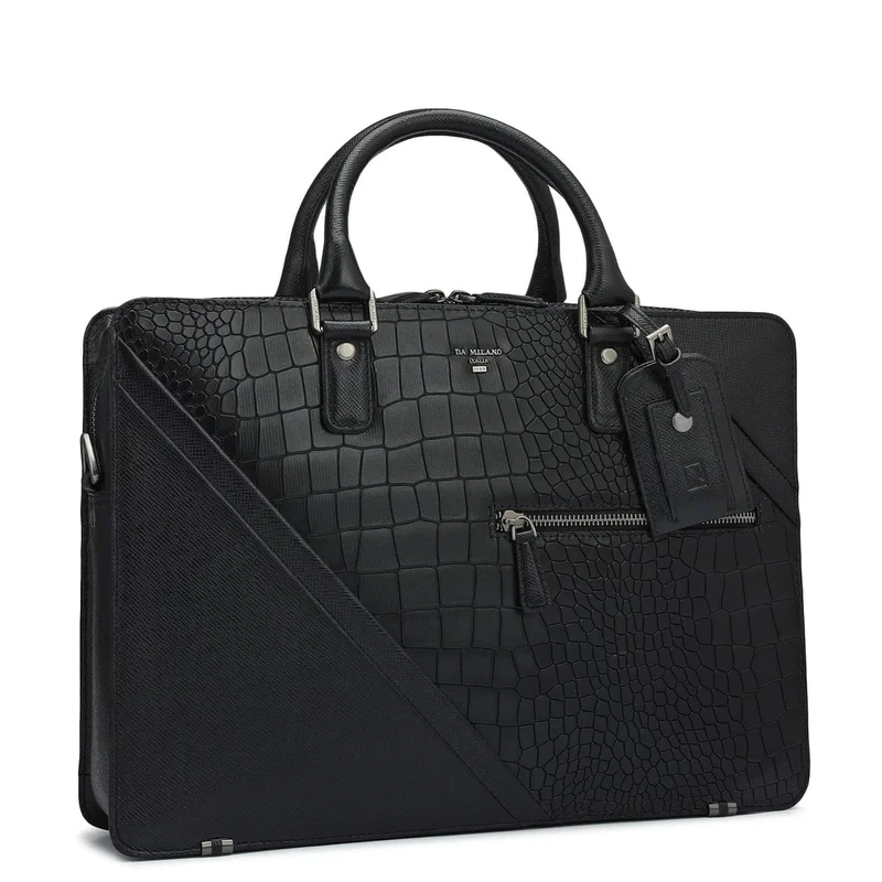 Da Milano Da Milano Croco-Embossed Leather Laptop Bag with Zip Closure - Black (CB-10078A)
