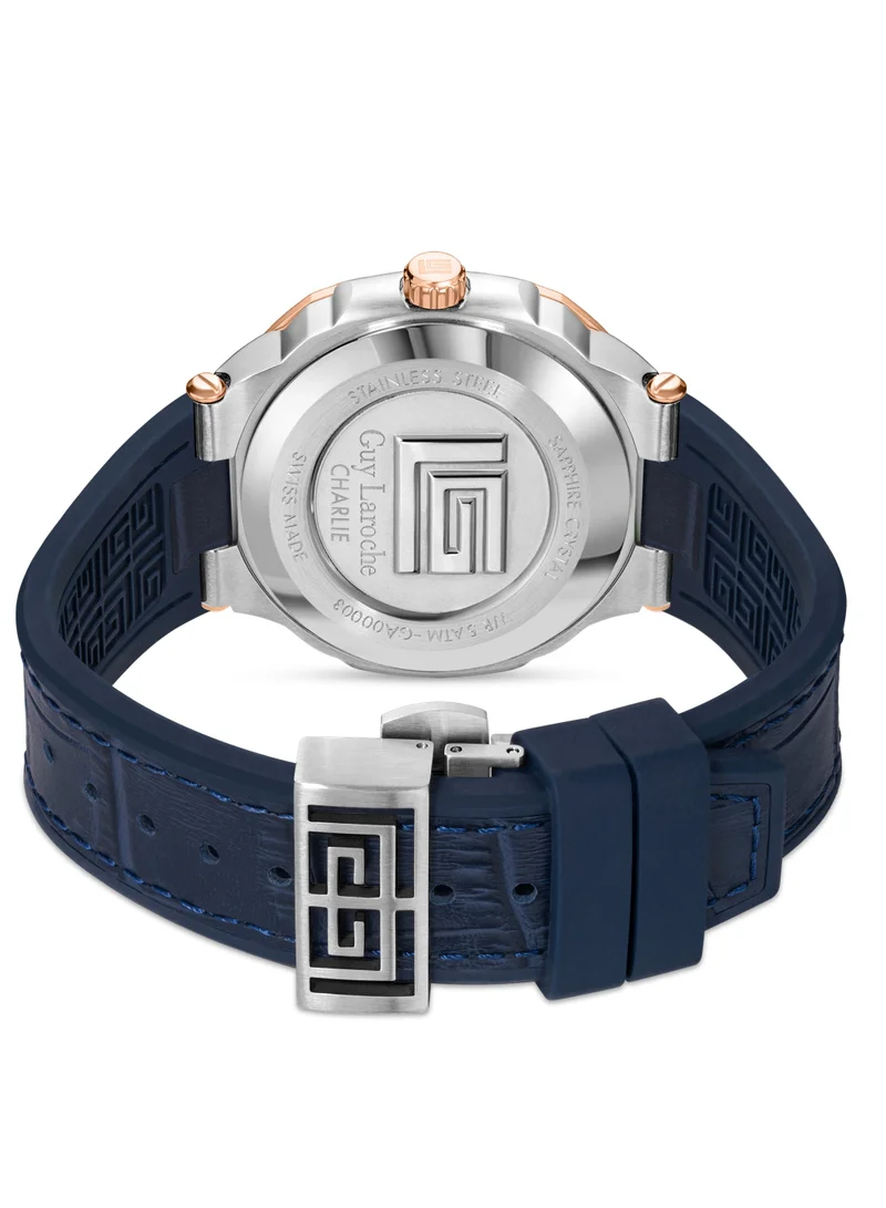 Guy Laroche Charlie Watch for Men with Blue Genuine Leather Strap 45 mm 5 Atm