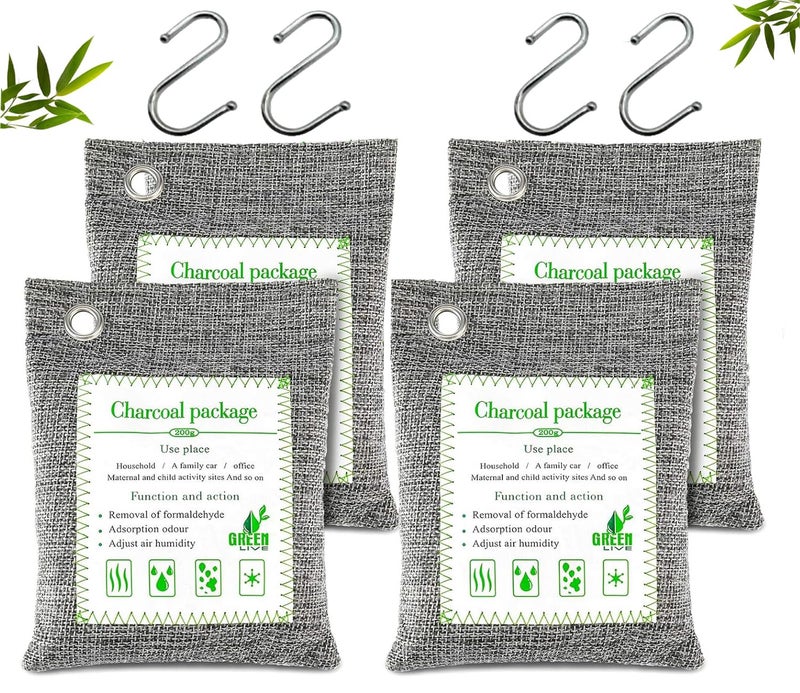 STHIRA STHIRA 4 Pack Natural Activated Charcoal Odor Absorber 200g Each With Hooks Good Air Purifier for Car Closet Shoe Basement NonToxic LongLasting Pet Child Safe Musty Odor Eliminator