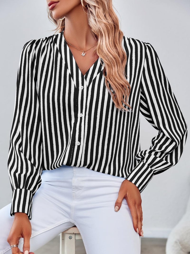 Flowyair Women's Casual Striped Shirts Puff Long Sleeve V Neck Silk Button Down Top Blouses Y-Black - Image 3