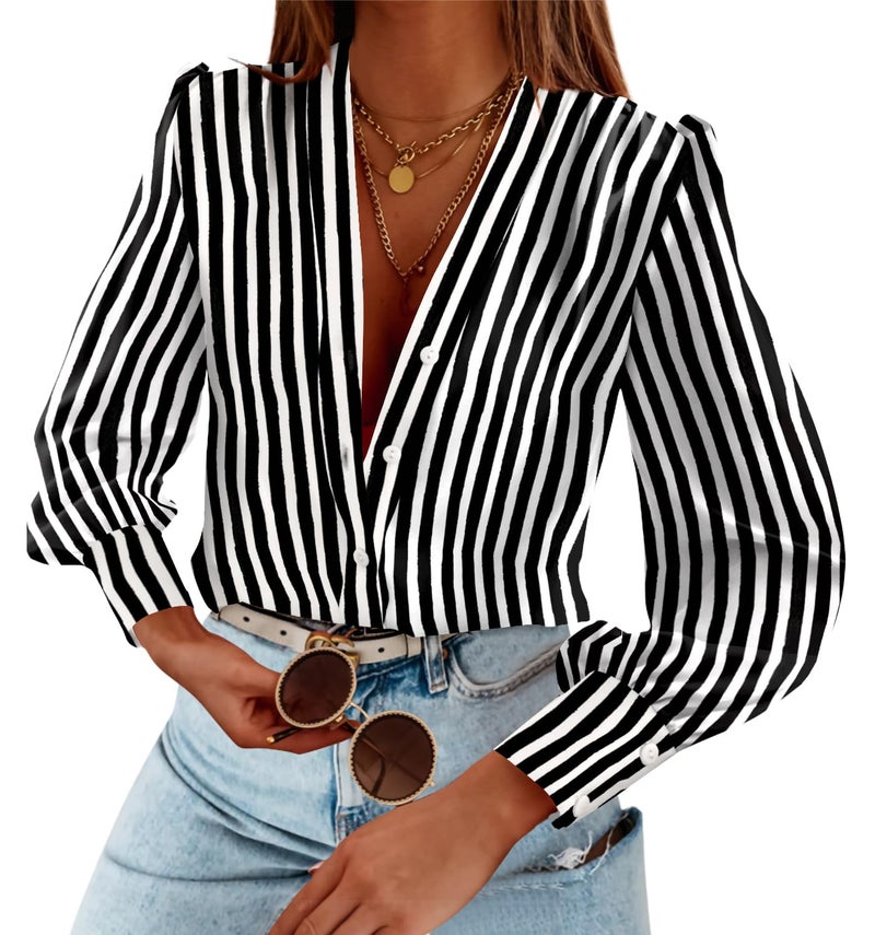 Flowyair Women's Casual Striped Shirts Puff Long Sleeve V Neck Silk Button Down Top Blouses Y-Black - Image 1