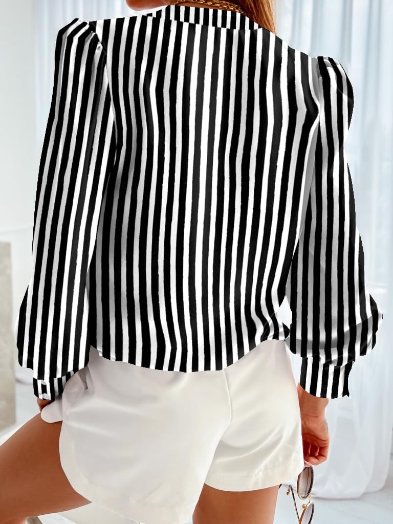 Flowyair Women's Casual Striped Shirts Puff Long Sleeve V Neck Silk Button Down Top Blouses Y-Black - Image 2