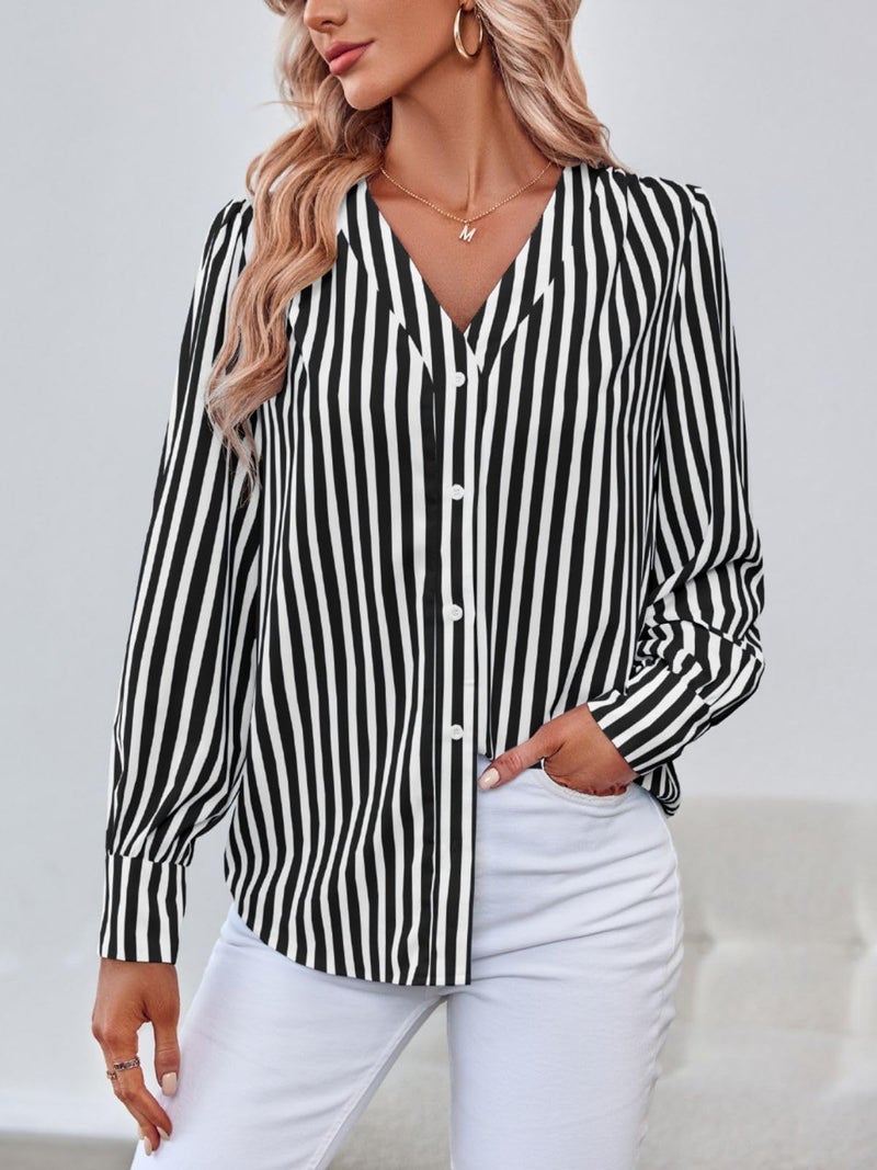 Flowyair Women's Casual Striped Shirts Puff Long Sleeve V Neck Silk Button Down Top Blouses Y-Black - Image 4
