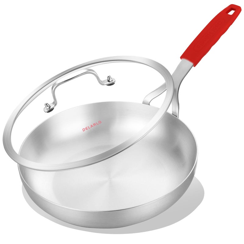 DELARLO 10inch TriPly Stainless Steel Pan with lid Induction Stainless Steel Frying Pan With Lid Oven Safe Skillet 10in Heat quickly and evenly Durable Stainless Steel Cookware