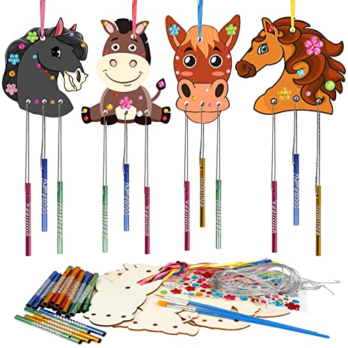 Fennoral 8 Pack Wind Chime Kit for Kids Make Your Own Horse Head Wind Chime Wooden Arts and Crafts for Girls Boys Ornaments DIY Coloring Horse Craft for Art Activity Birthday Party Supplies - Image 1