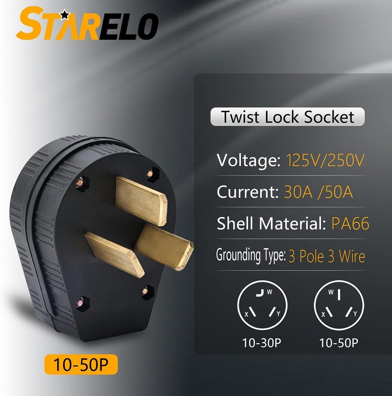 STARELO 10-30P & 10-50P Angle Plug, 30/50A 125/250V 3 Pole 3 Wire, No Grounding, Straight Blade 3 Prong Male Plug, Heavy Duty Industrial Grade Power Plug(10-30&50P) - Image 2