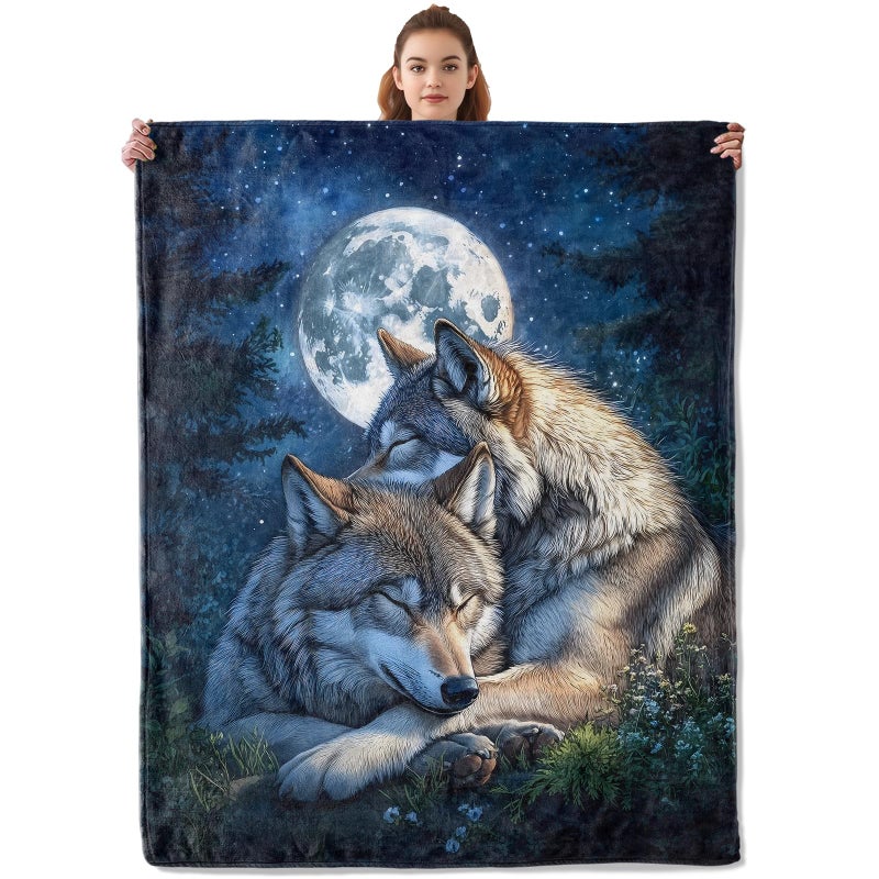 Flannel Blanket 80"x60" Full Moon & Wolf Design - All-Season Versatile Comfort Plush Throw for Home Office Outdoor Travel Camping Flights - Image 1