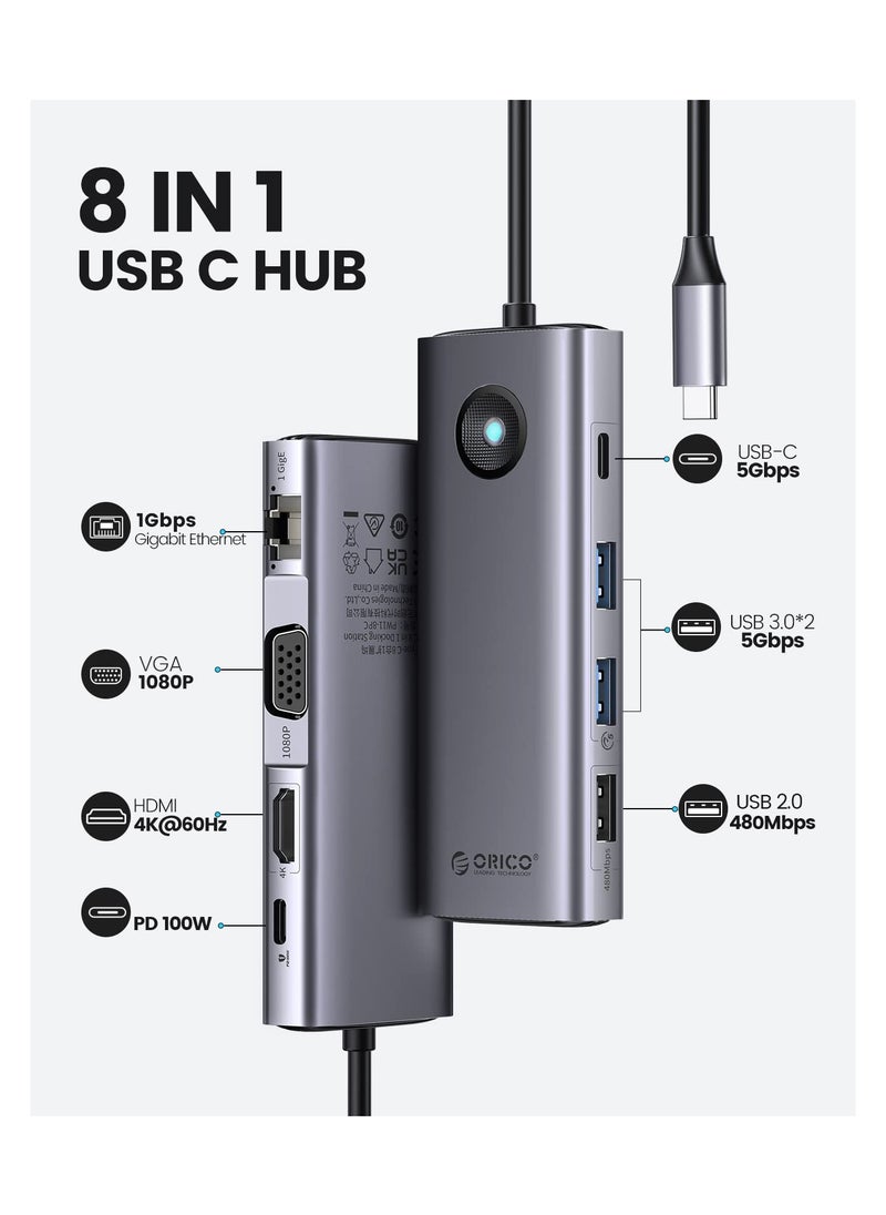 Orico - 8 in 1 Laptop Usb C Dock With 4k Hdmi Vga 3 Usb 3.0 and 1 Usb 2.0 100w Power  Compatible With Macbook Ipad Other Type C Devices - Image 1