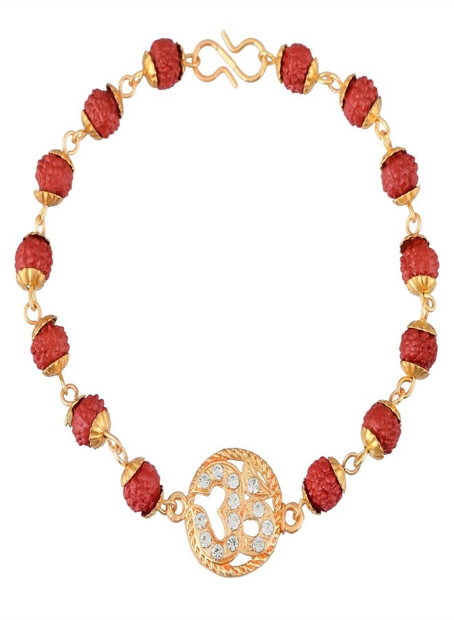 Morir Gold Plated Designer Om Ohm Symbol CZ Studded with Rudhraksh Traditional Rakhee Bracelet Band for Rakshabandhan - Image 2