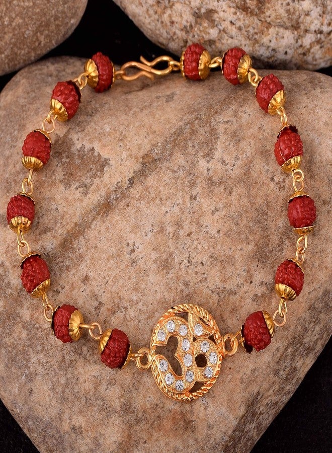 Morir Gold Plated Designer Om Ohm Symbol CZ Studded with Rudhraksh Traditional Rakhee Bracelet Band for Rakshabandhan - Image 3