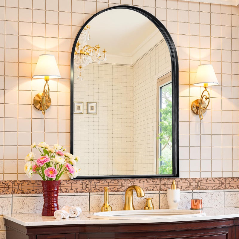 Antok Arched Mirror 24"x36", Bathroom Mirror, Wall Mounted Vanity Mirror with Arch Metal Frame for Bathroom, Over Sink, Bedroom, Living Room, Deep Frame, Black - Image 1
