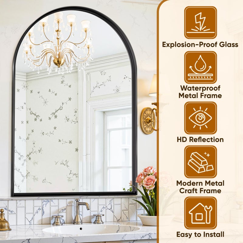 Antok Arched Mirror 24"x36", Bathroom Mirror, Wall Mounted Vanity Mirror with Arch Metal Frame for Bathroom, Over Sink, Bedroom, Living Room, Deep Frame, Black - Image 5