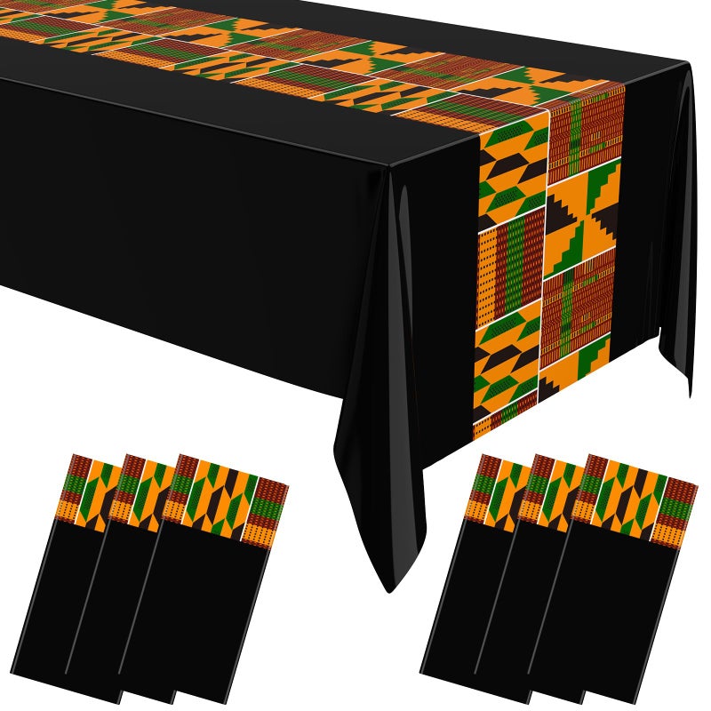 Oudain 6 Pcs 54" x 108" Kente Plastic Tablecloths Black History Month Table Covers Juneteenth Tablecloths Disposable African American Table Decorations for Kwanzaa Home Decor(Black,Fresh) - Image 1